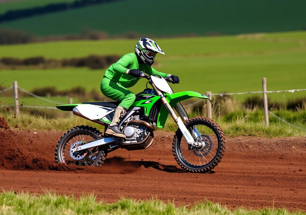 Dirt bike kicking up dirt on a track in the Irish countryside